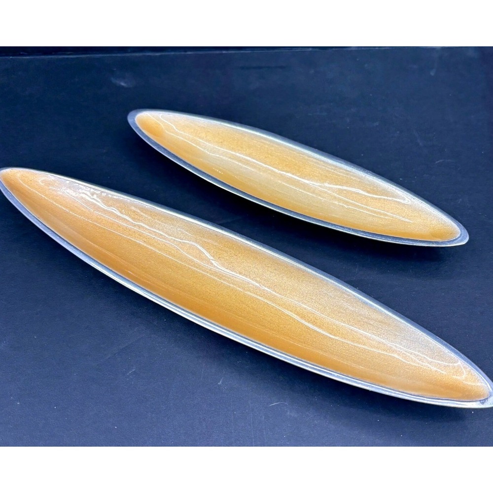 Mid Century Modern Gold Enamel Elongated OVAL Aluminum Bowls India Vintage Decor